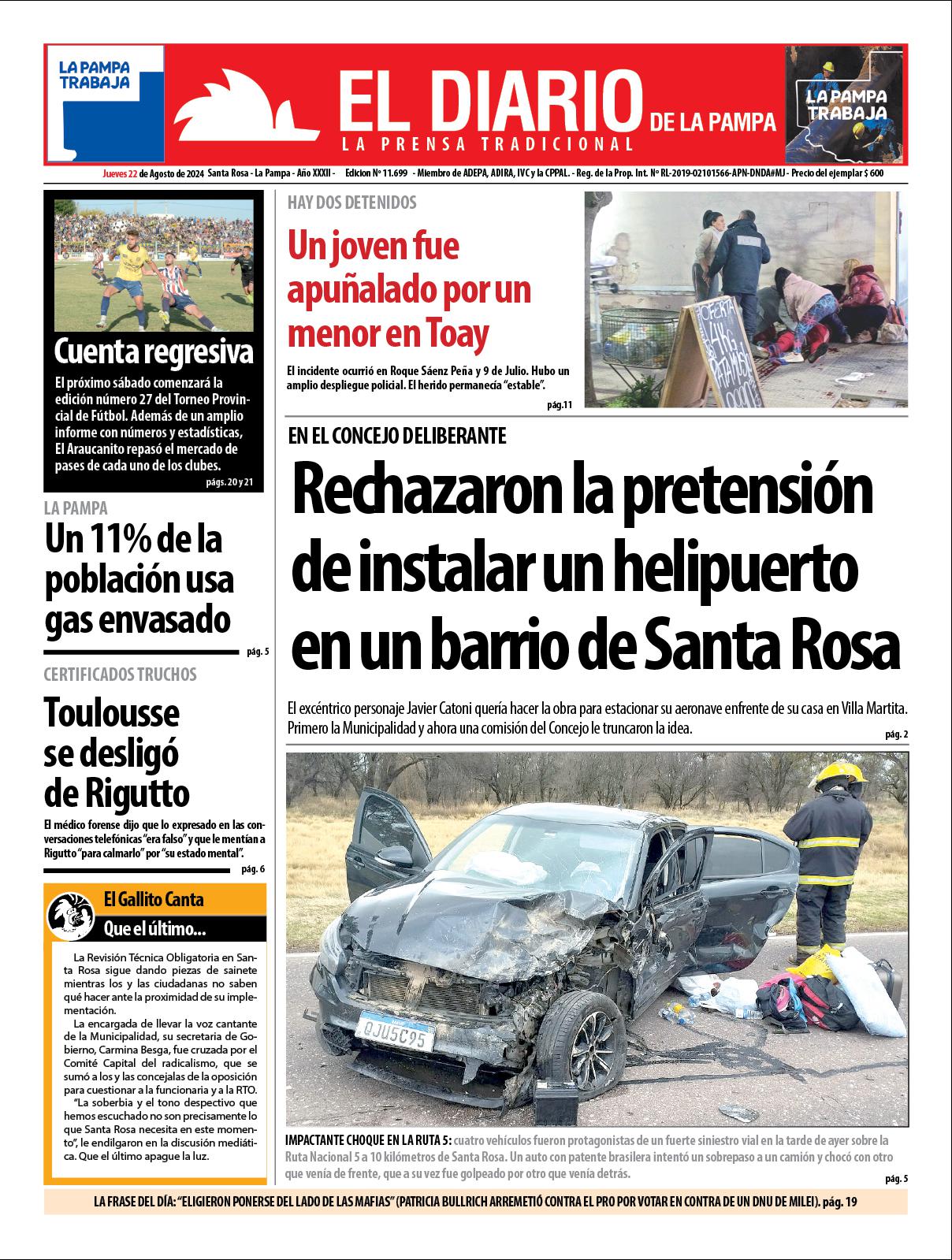 Tapa de El Diario en papel  jueves 22 de agosto de 2024